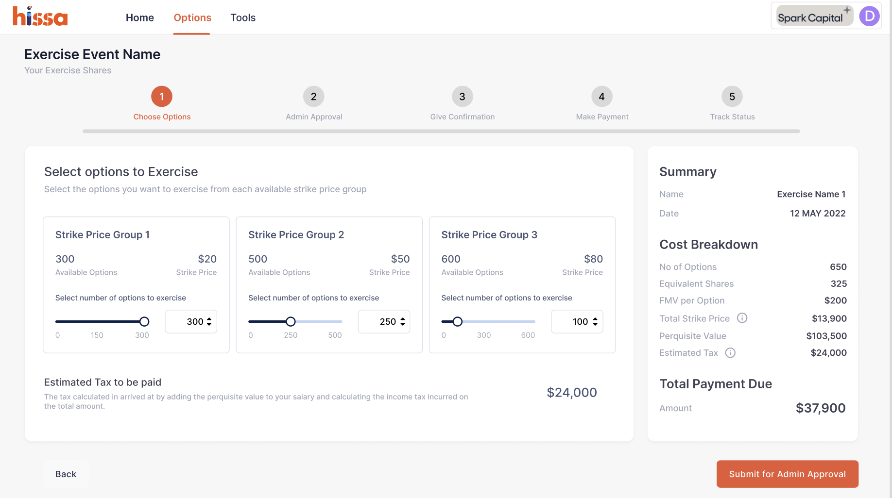 Choose options — ESOP exercise flow