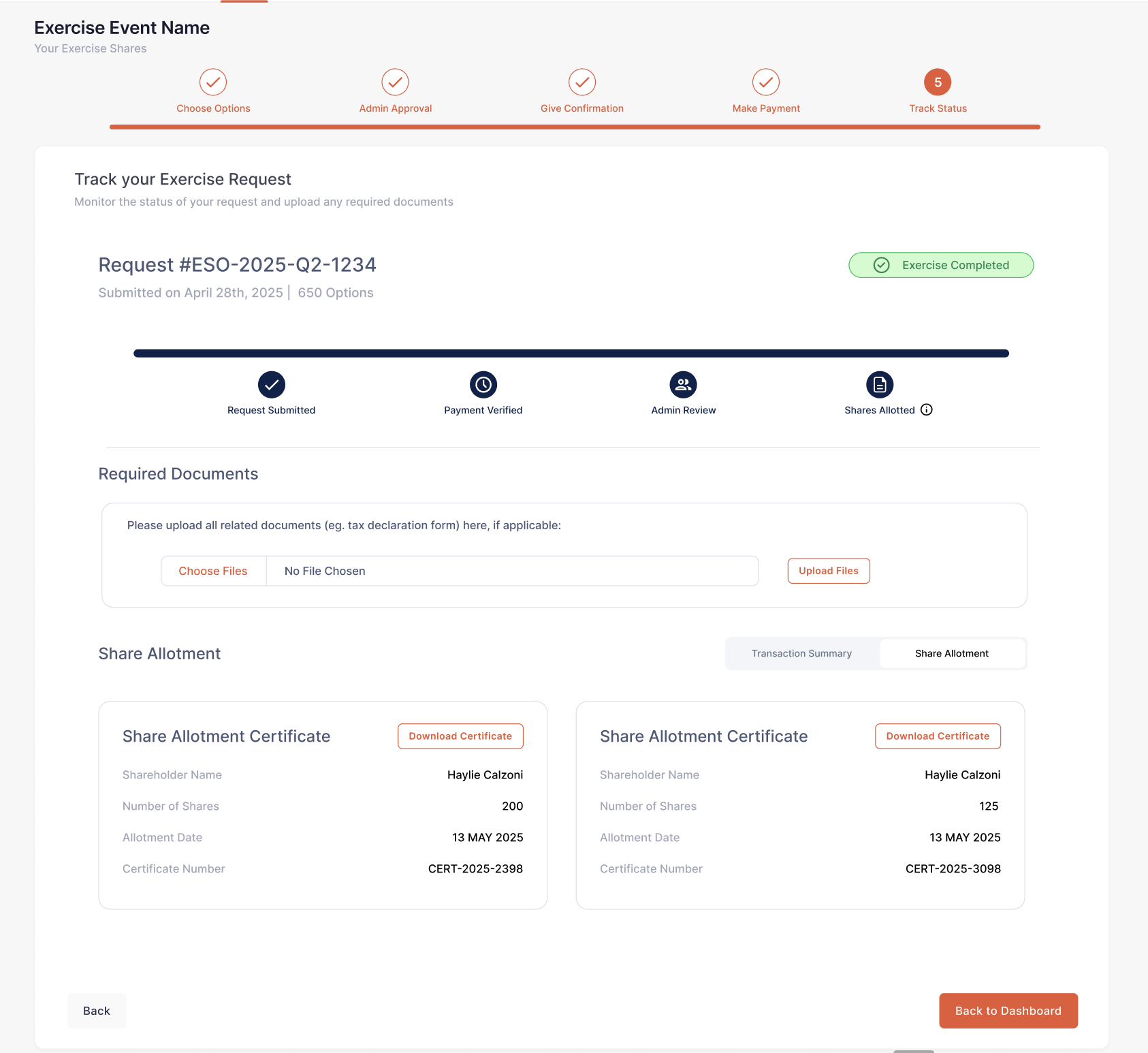 Track status — ESOP exercise flow